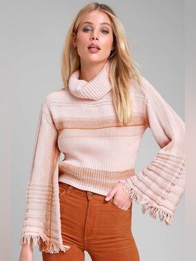 Free People Close to Me Pink Turtleneck Fringe Bell Sleeve Sweater Size Medium